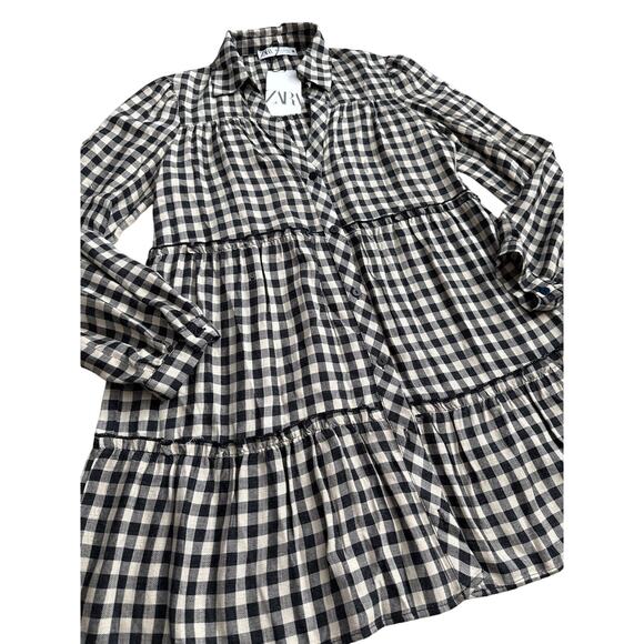 Zara Gingham Plaid Button Front Tier Layered Mini Dress Black Size XS - Picture 6 of 10